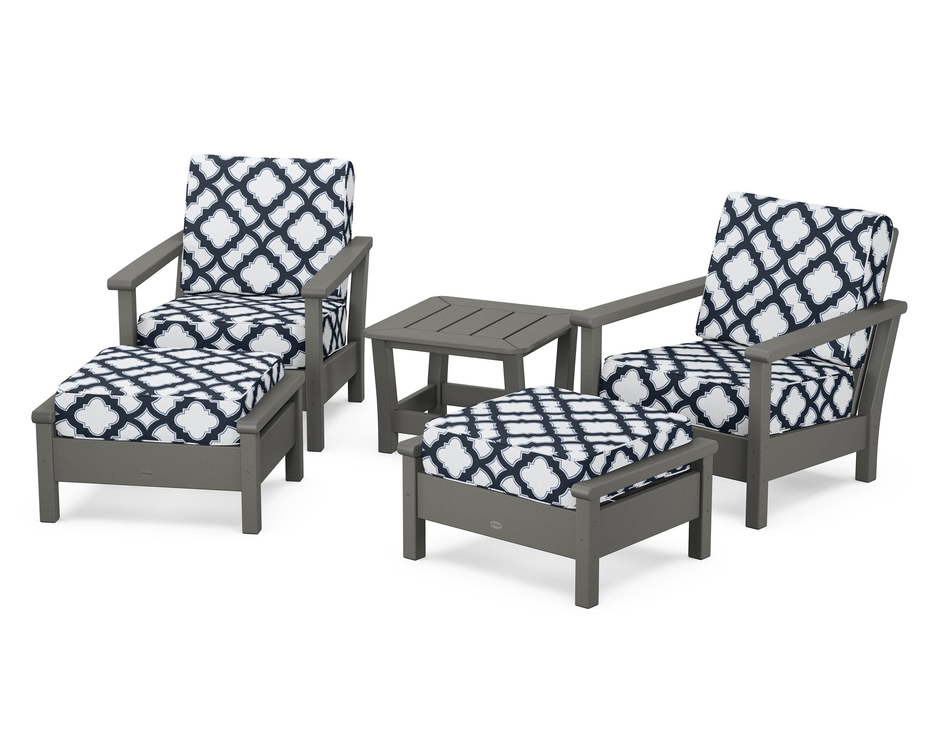 POLYWOOD® Harbour 5-Piece Deep Seating Chair Set in Slate Grey / Trellis Marine Indigo