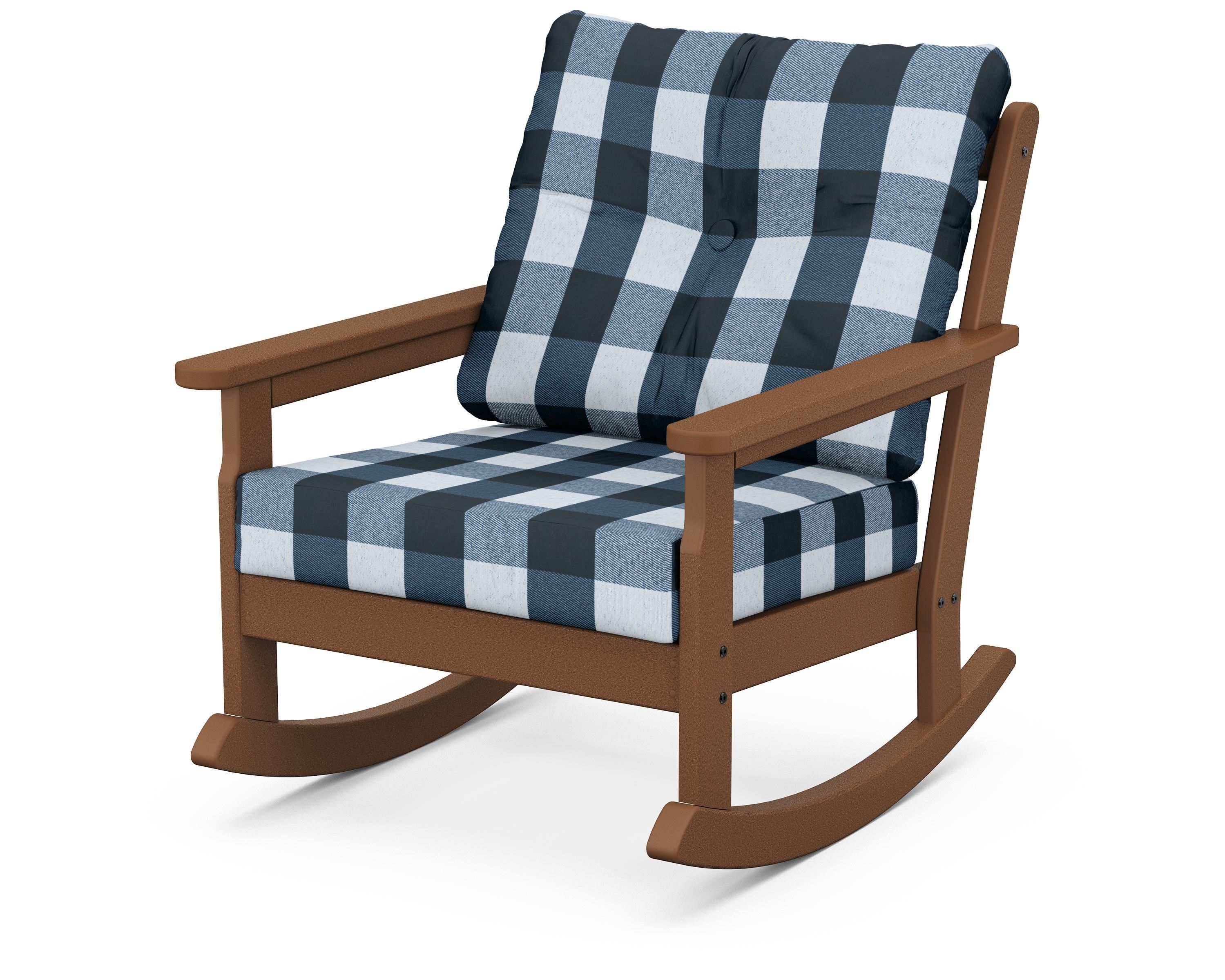 POLYWOOD® Vineyard Deep Seating Rocking Chair in Teak / Buffalo Plaid Marine Indigo
