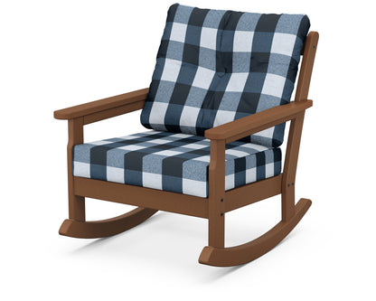 POLYWOOD® Vineyard Deep Seating Rocking Chair in Teak / Buffalo Plaid Marine Indigo