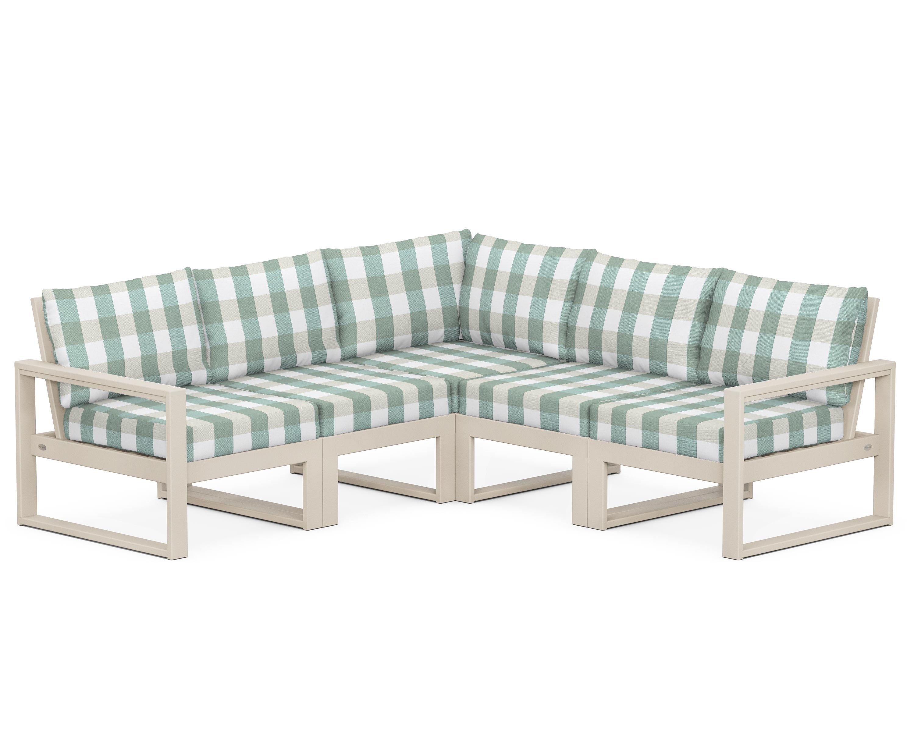 POLYWOOD® EDGE 5-Piece Modular Deep Seating Set in Sand / Buffalo Plaid Glacier Spa