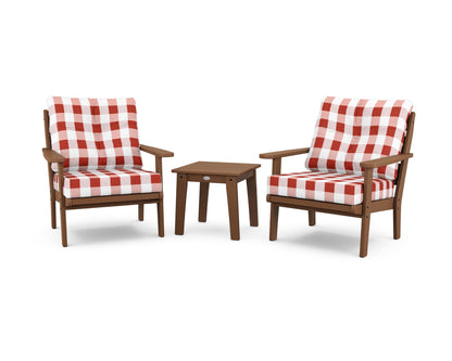 POLYWOOD® Lakeside 3-Piece Deep Seating Chair Set in Teak / Buffalo Plaid Crimson