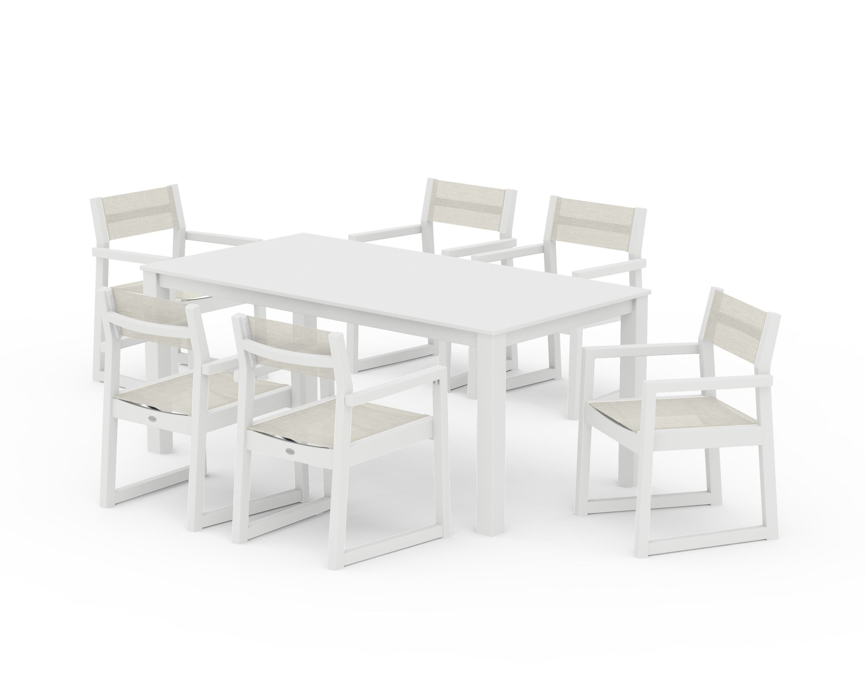 POLYWOOD® EDGE Sling Arm Chair 7-Piece Parsons Dining Set in White / Parchment Sling