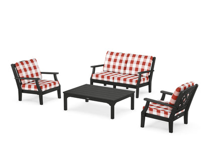 Martha Stewart by POLYWOOD® Chinoiserie 4-Piece Deep Seating Set with Loveseat in Black / Buffalo Plaid Crimson