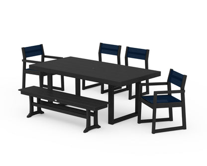 POLYWOOD® EDGE Sling 6-Piece Dining Set with Bench in Black / Navy Blue Sling