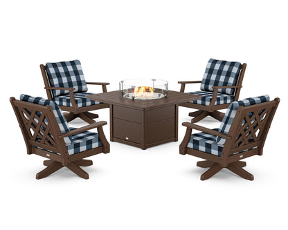 Country Living Wovendale 5-Piece Deep Seating Swivel Conversation Set with Fire Pit Table in Mahogany / Buffalo Plaid Marine Indigo