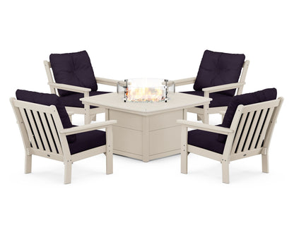 POLYWOOD® Vineyard 5-Piece Conversation Set with Fire Pit Table in Sand / Navy Linen