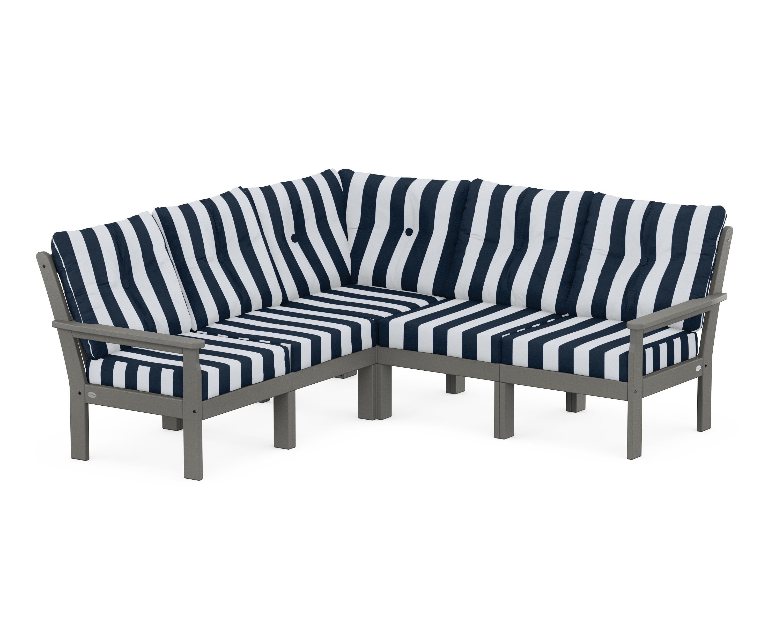 POLYWOOD® Vineyard 5-Piece Sectional in Slate Grey / Cabana Stripe Marine Indigo
