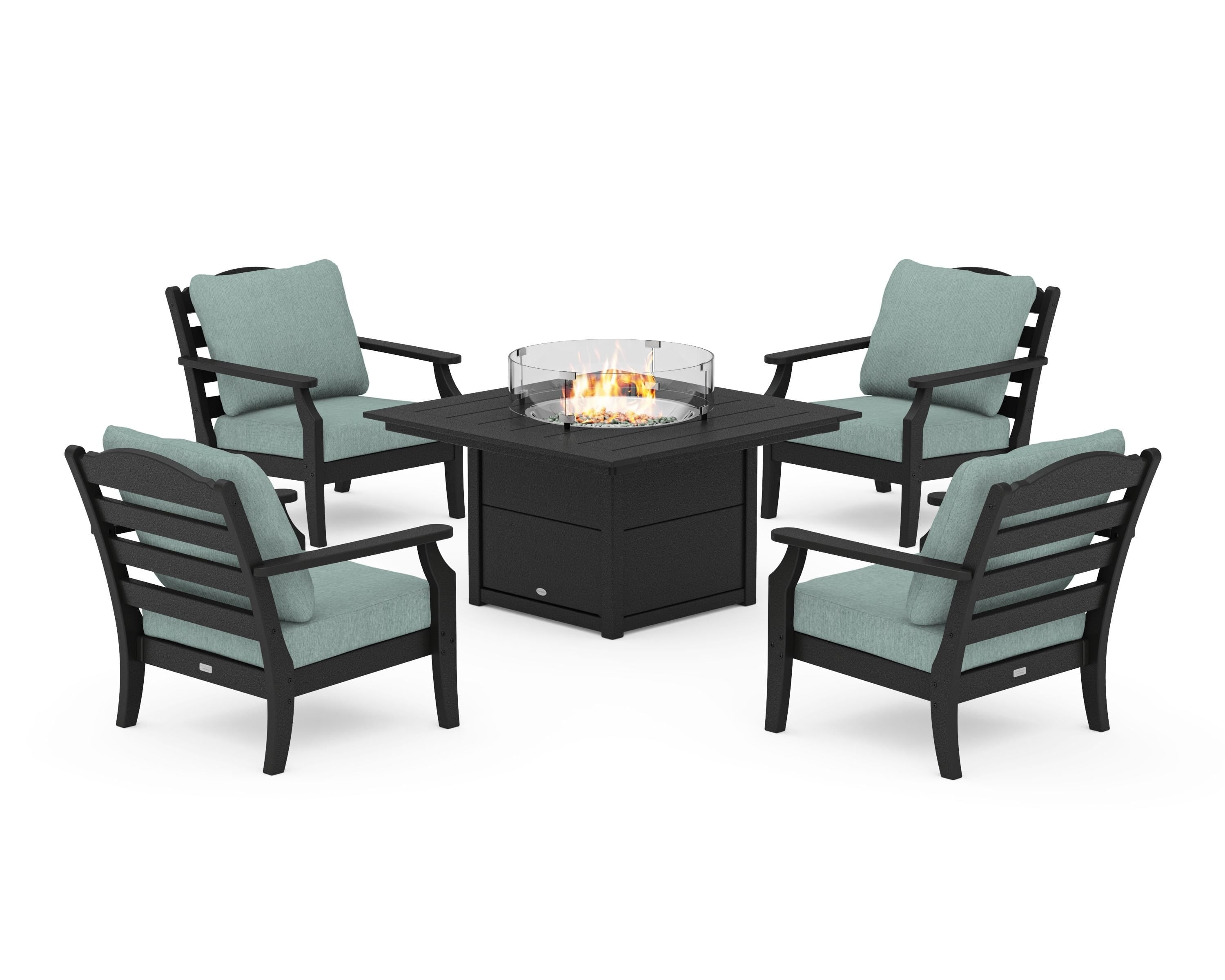 Draper James™ by  POLYWOOD® Savannah 5-Piece Deep Seating Set with Fire Pit Table in Black / Glacier Spa