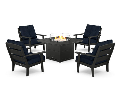 POLYWOOD® Lakeside 5-Piece Deep Seating Set with Nautical Fire Pit Table in Black / Marine Indigo