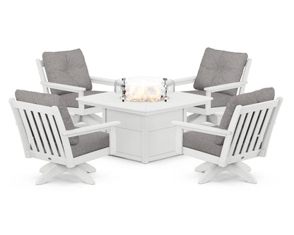 POLYWOOD® Vineyard 5-Piece Deep Seating Swivel Conversation Set with Fire Pit Table in White / Grey Mist