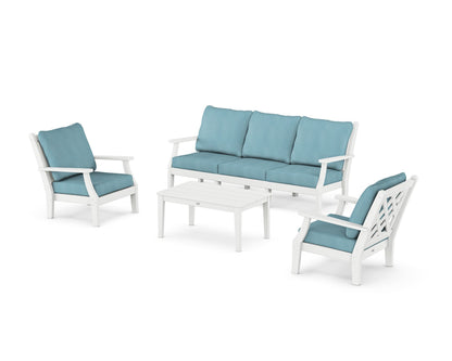 Country Living Wovendale 4-Piece Deep Seating Set with Sofa in White / Lattice Sky Blue