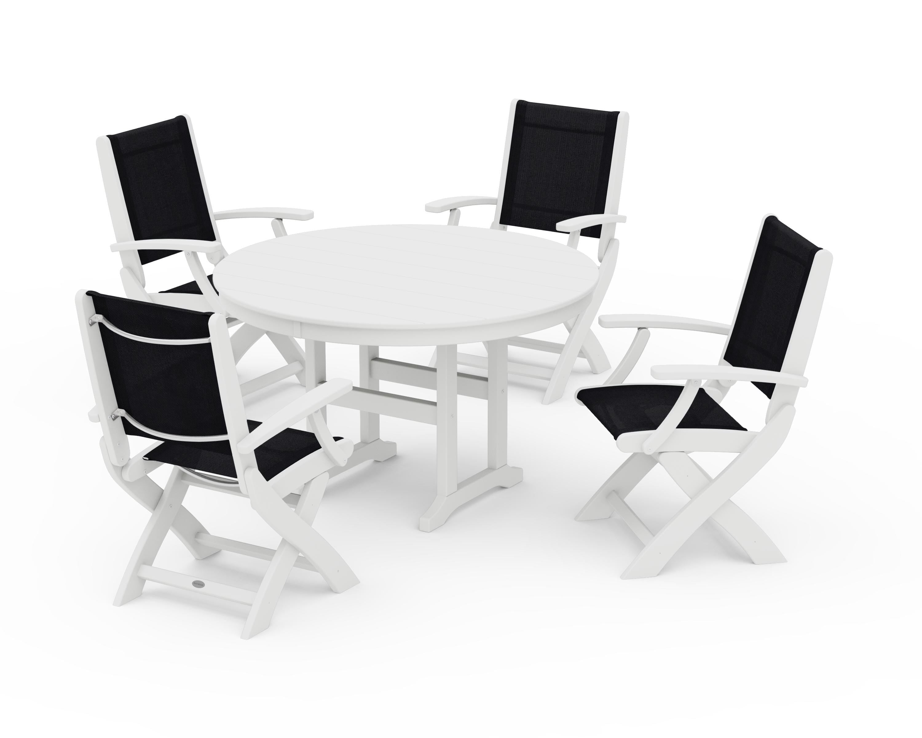 POLYWOOD® Coastal Folding Chair 5-Piece Round Dining Set in White / Black Sling