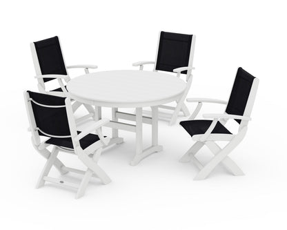 POLYWOOD® Coastal Folding Chair 5-Piece Round Dining Set in White / Black Sling