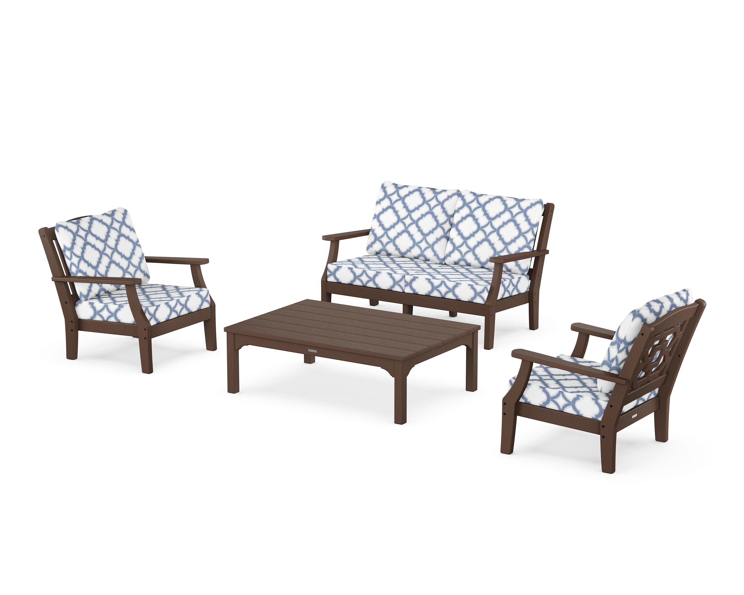 Martha Stewart by POLYWOOD® Chinoiserie 4-Piece Deep Seating Set with Loveseat in Mahogany / Trellis Sky Blue