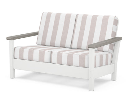 POLYWOOD® Harbour Deep Seating Loveseat in White / Driftwood / Cabana Stripe Dune Burlap