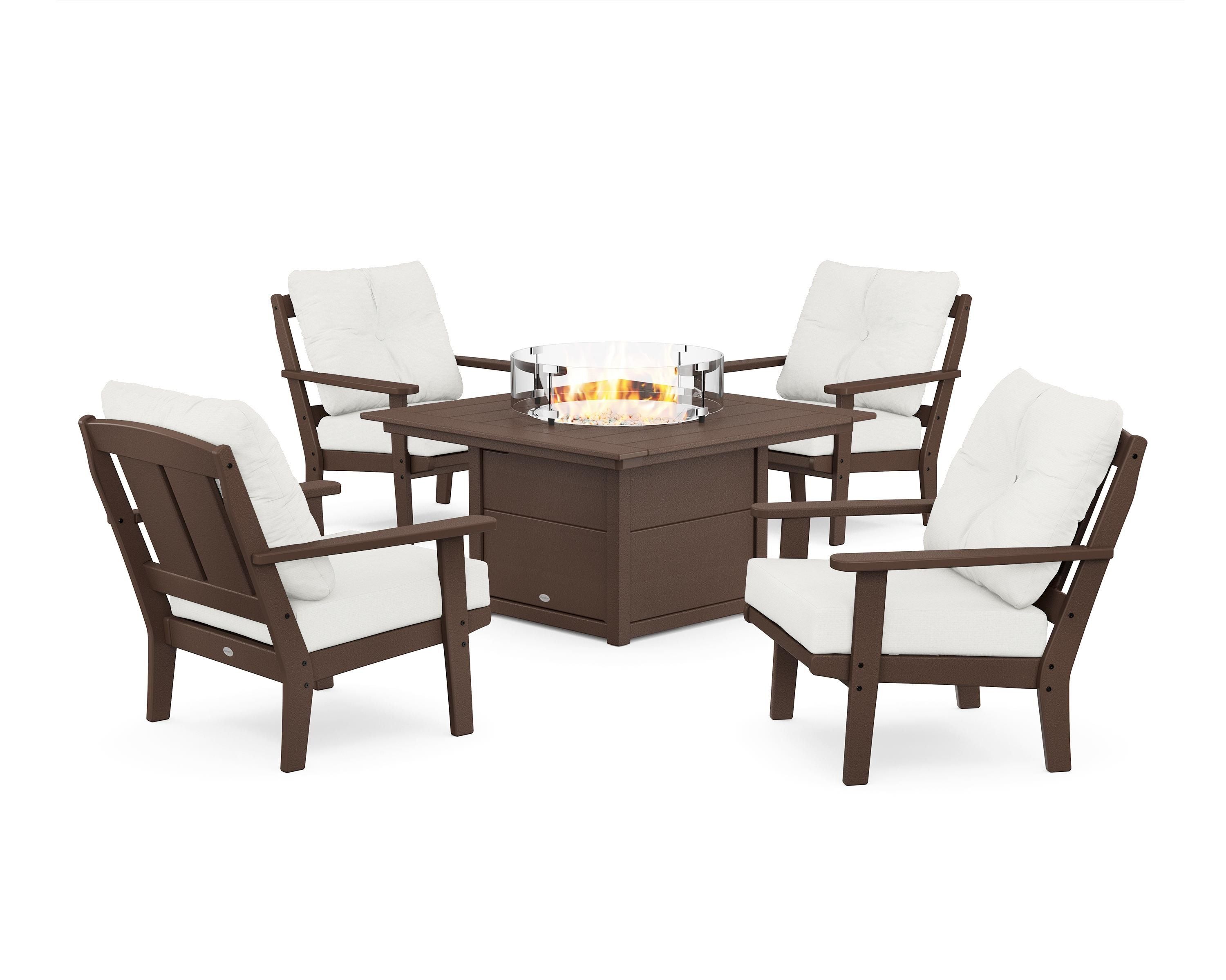 POLYWOOD® Mission 5-Piece Deep Seating Set with Fire Pit Table in Mahogany / Natural Linen