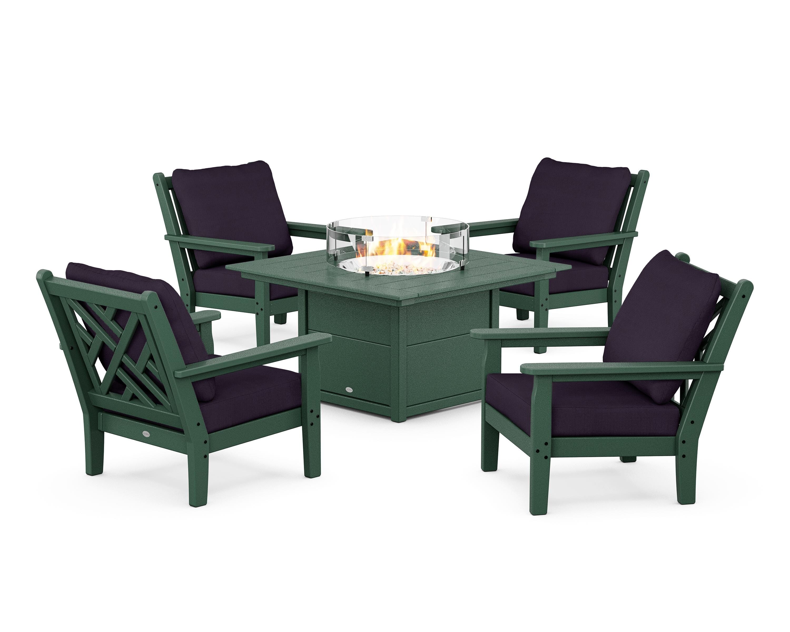 POLYWOOD® Chippendale 5-Piece Deep Seating Set with Fire Pit Table in Green / Navy Linen