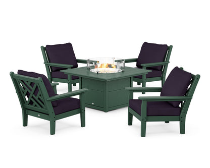 POLYWOOD® Chippendale 5-Piece Deep Seating Set with Fire Pit Table in Green / Navy Linen