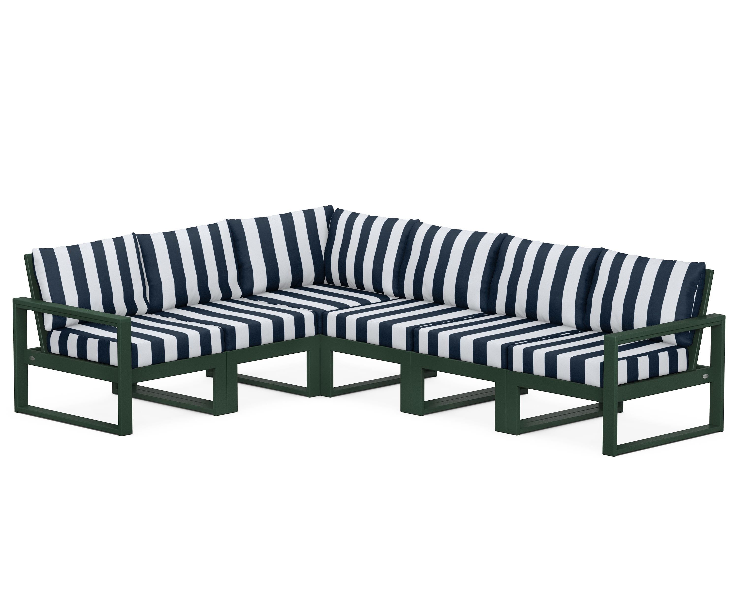 POLYWOOD® EDGE 6-Piece Modular Deep Seating Set in Green / Cabana Stripe Marine Indigo