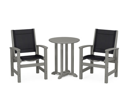 POLYWOOD® Coastal 3-Piece Round Bistro Dining Set in Slate Grey / Black Sling