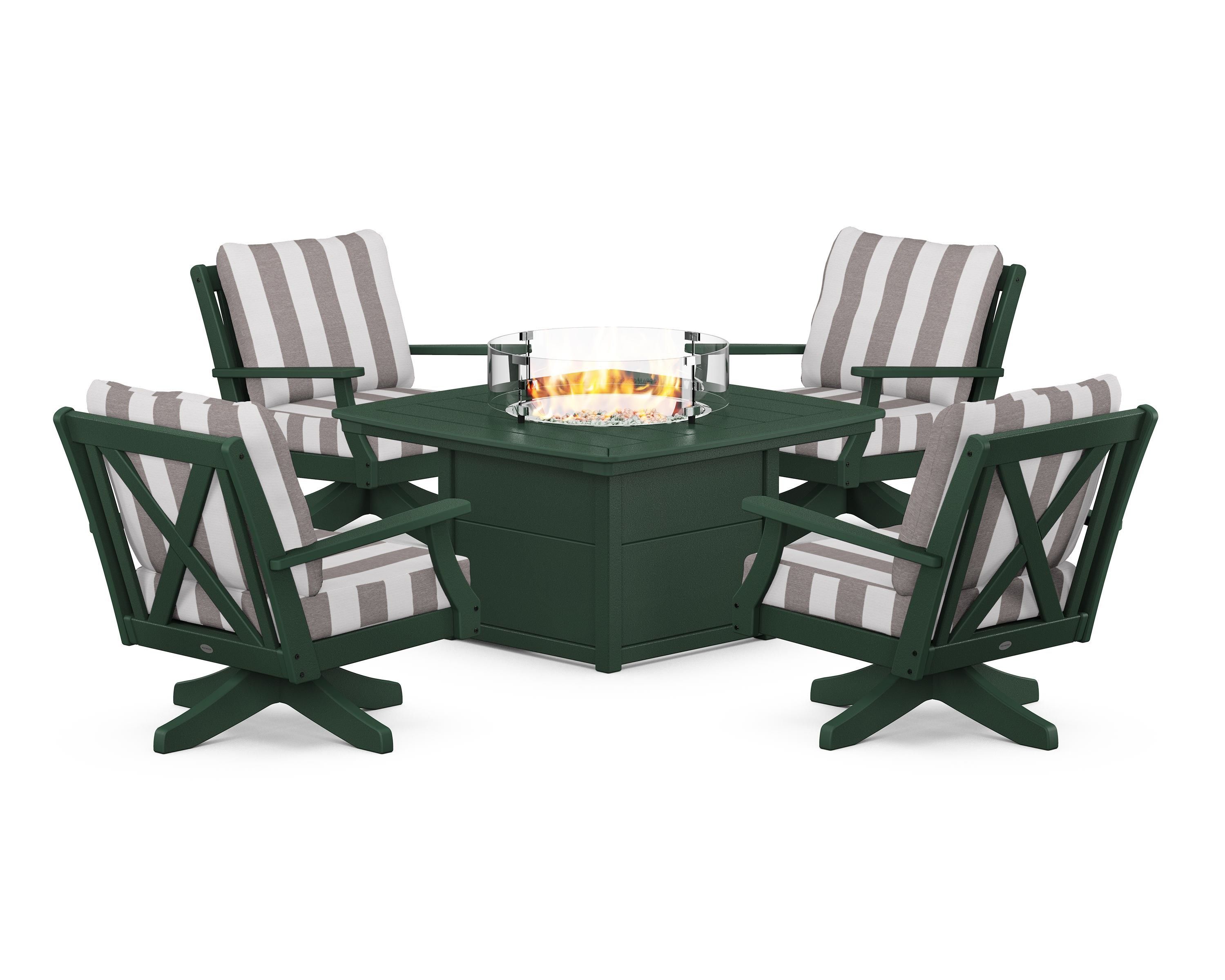 POLYWOOD® Braxton 5-Piece Deep Seating Swivel Conversation Set with Fire Pit Table in Green / Cabana Stripe Grey Mist
