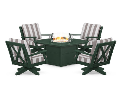 POLYWOOD® Braxton 5-Piece Deep Seating Swivel Conversation Set with Fire Pit Table in Green / Cabana Stripe Grey Mist