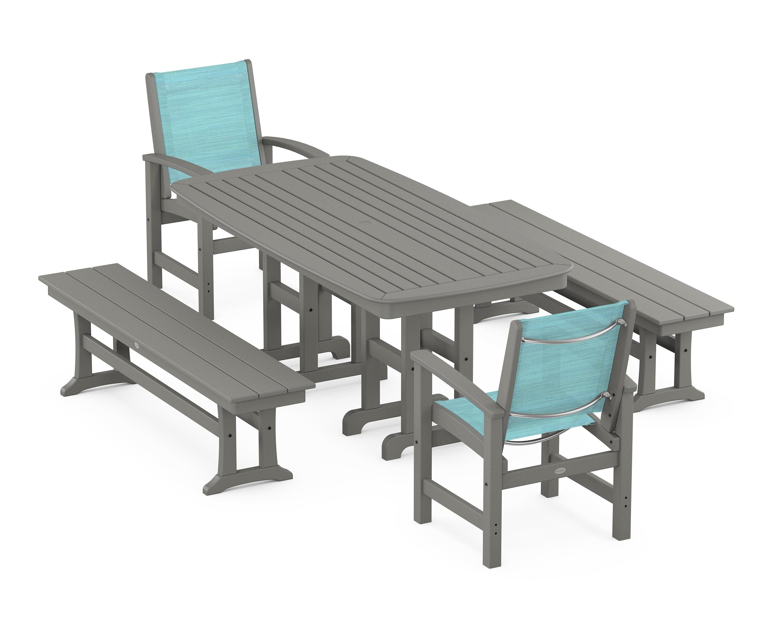 POLYWOOD® Coastal 5-Piece Dining Set in Slate Grey / Dupioni Aquamarine Sling