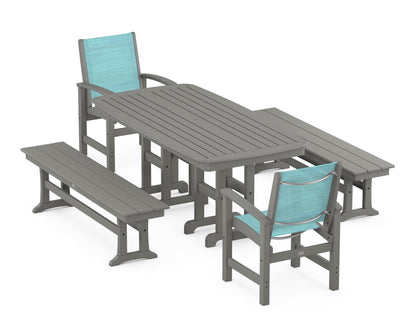 POLYWOOD® Coastal 5-Piece Dining Set in Slate Grey / Dupioni Aquamarine Sling