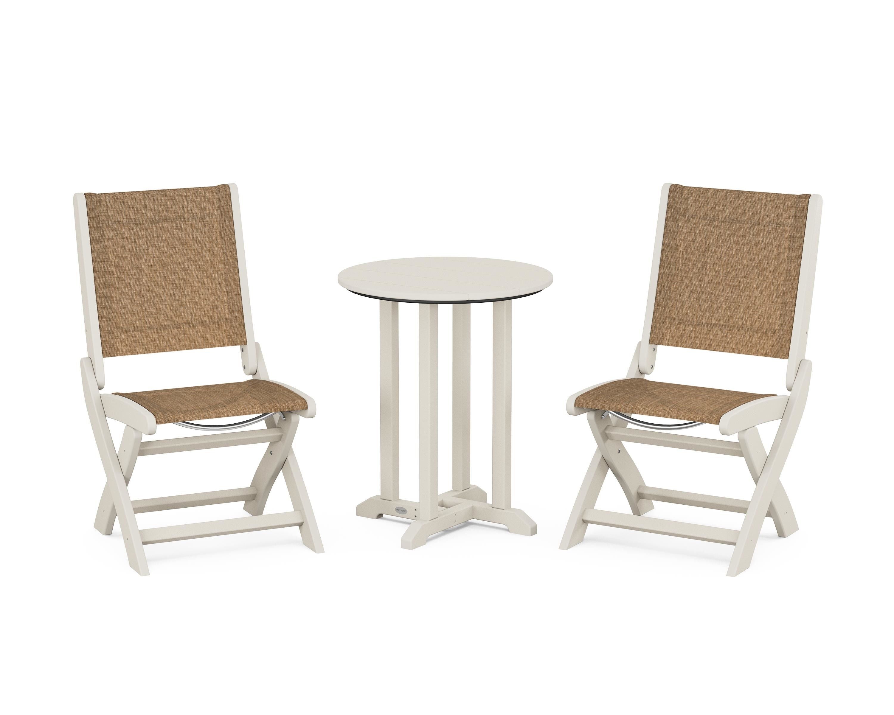 POLYWOOD® Coastal Folding Side Chair 3-Piece Round Bistro Dining Set in Sand / Burlap Sling