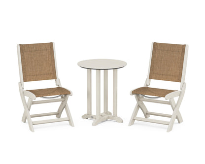 POLYWOOD® Coastal Folding Side Chair 3-Piece Round Bistro Dining Set in Sand / Burlap Sling