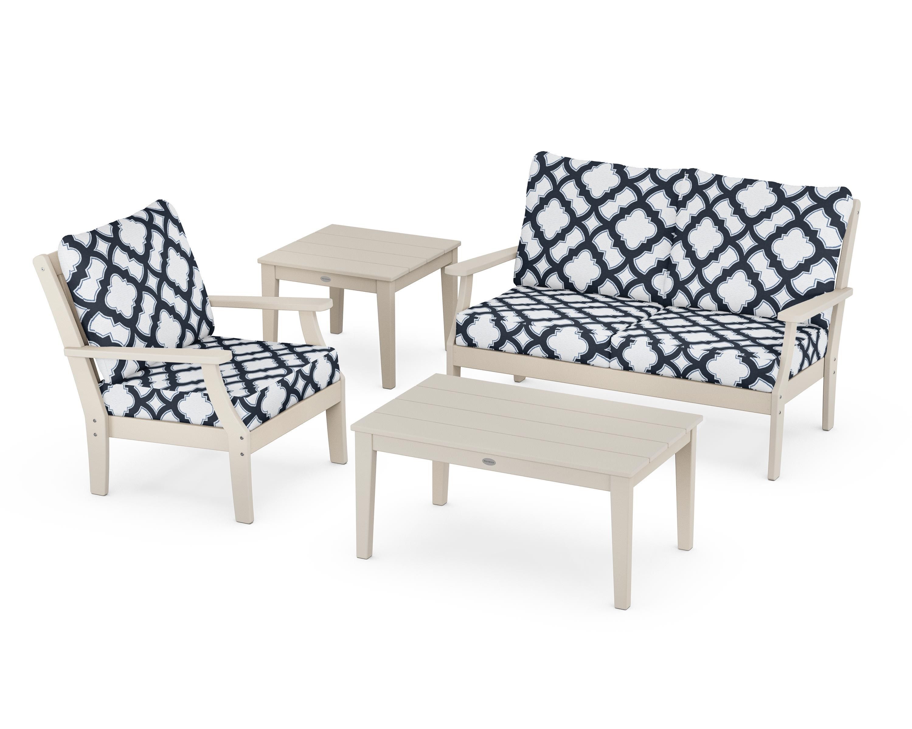 POLYWOOD® Braxton 4-Piece Deep Seating Set in Sand / Trellis Marine Indigo
