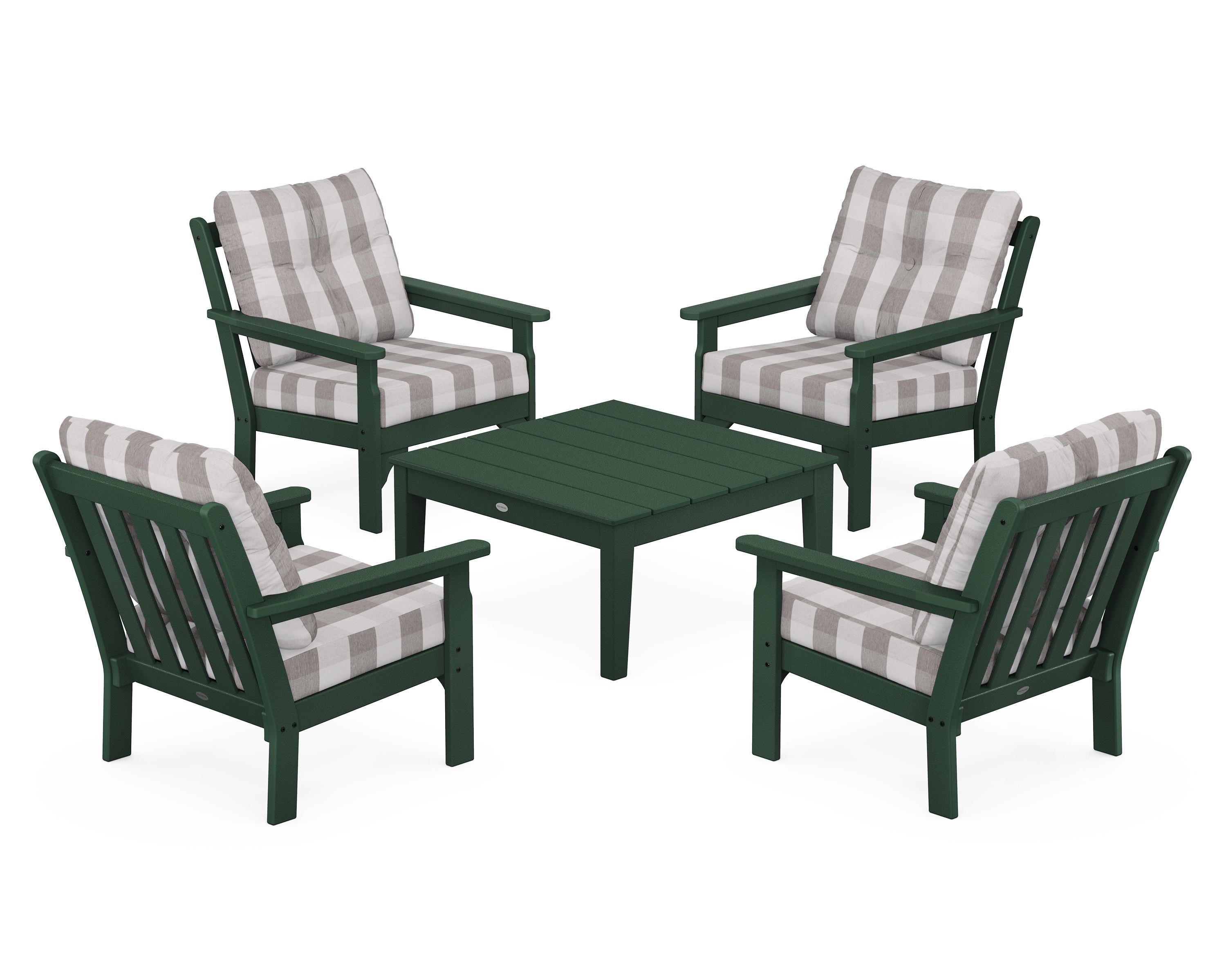POLYWOOD® Vineyard 5-Piece Deep Seating Conversation Set in Green / Buffalo Plaid Grey Mist