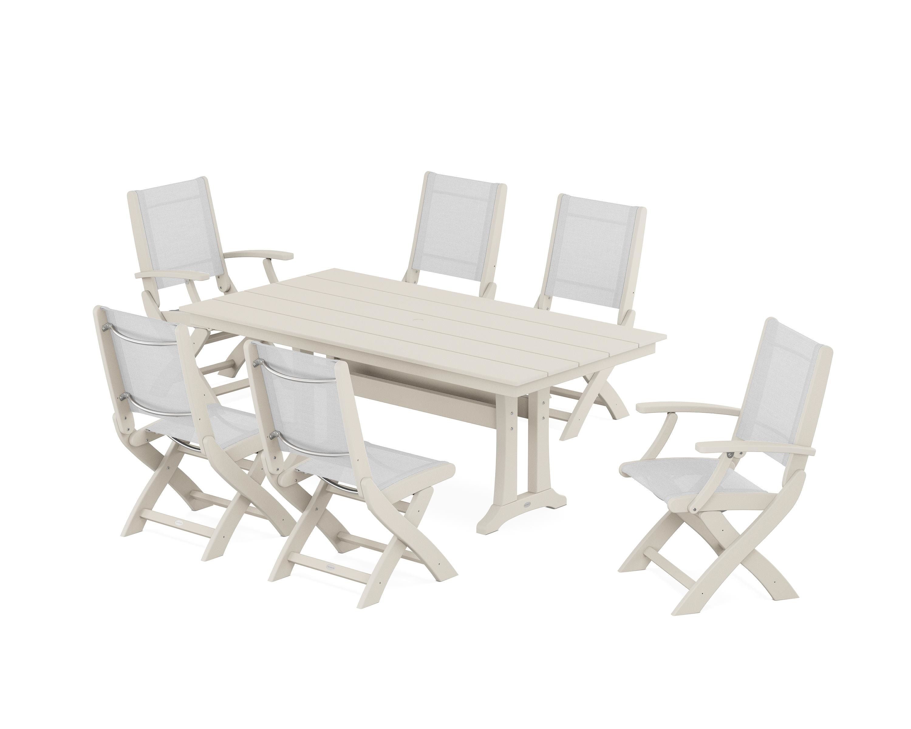 POLYWOOD® Coastal Folding Chair 7-Piece Farmhouse Dining Set with Trestle Legs in Sand / White Sling