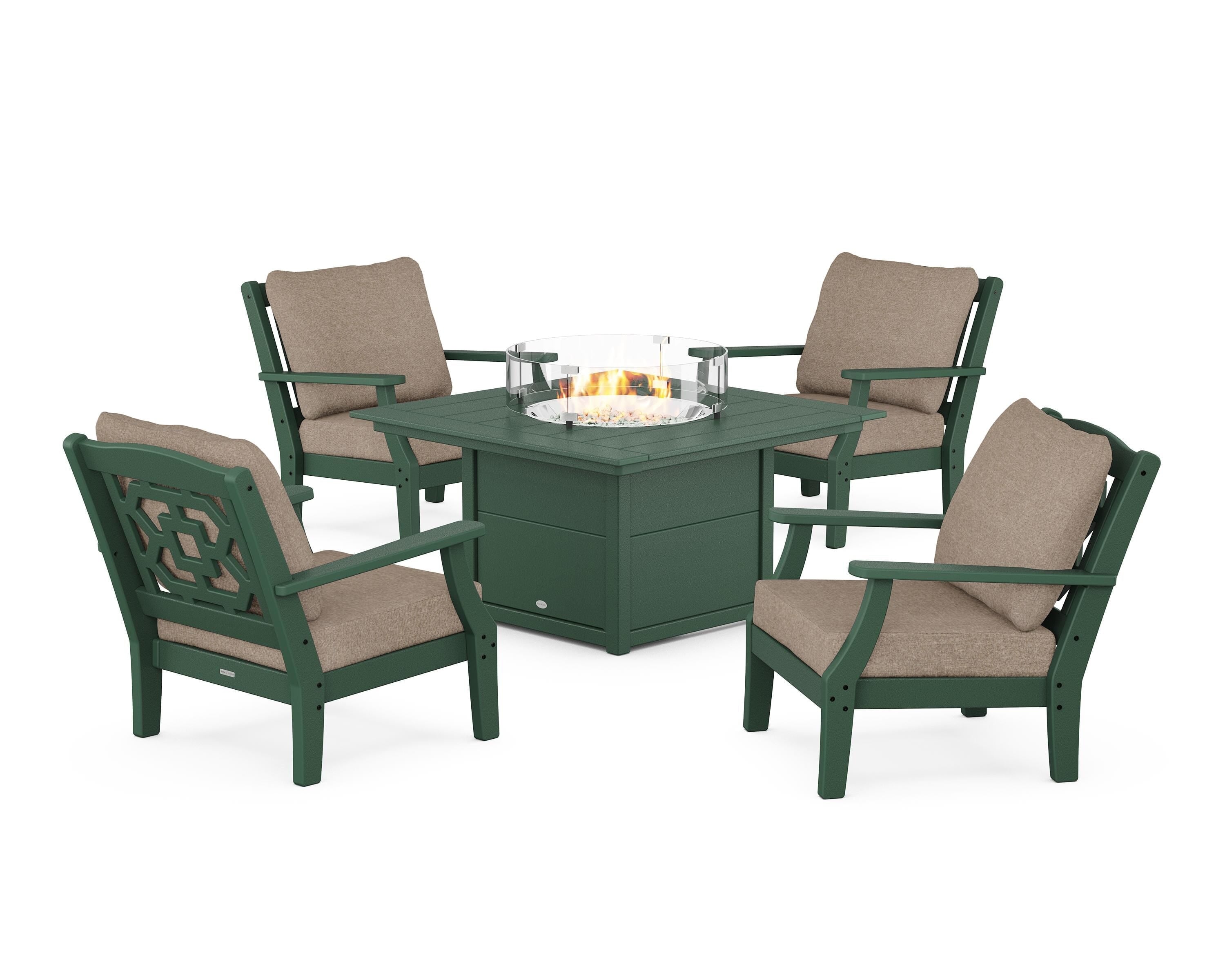 Martha Stewart by POLYWOOD® Chinoiserie 5-Piece Deep Seating Set with Fire Pit Table in Green / Spiced Burlap