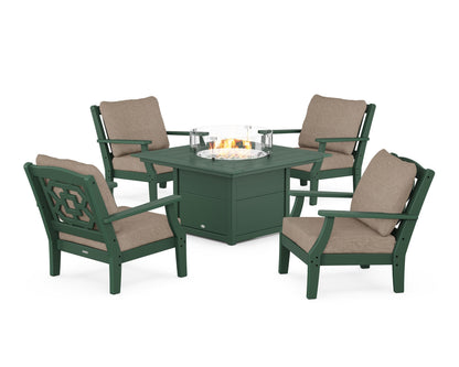 Martha Stewart by POLYWOOD® Chinoiserie 5-Piece Deep Seating Set with Fire Pit Table in Green / Spiced Burlap