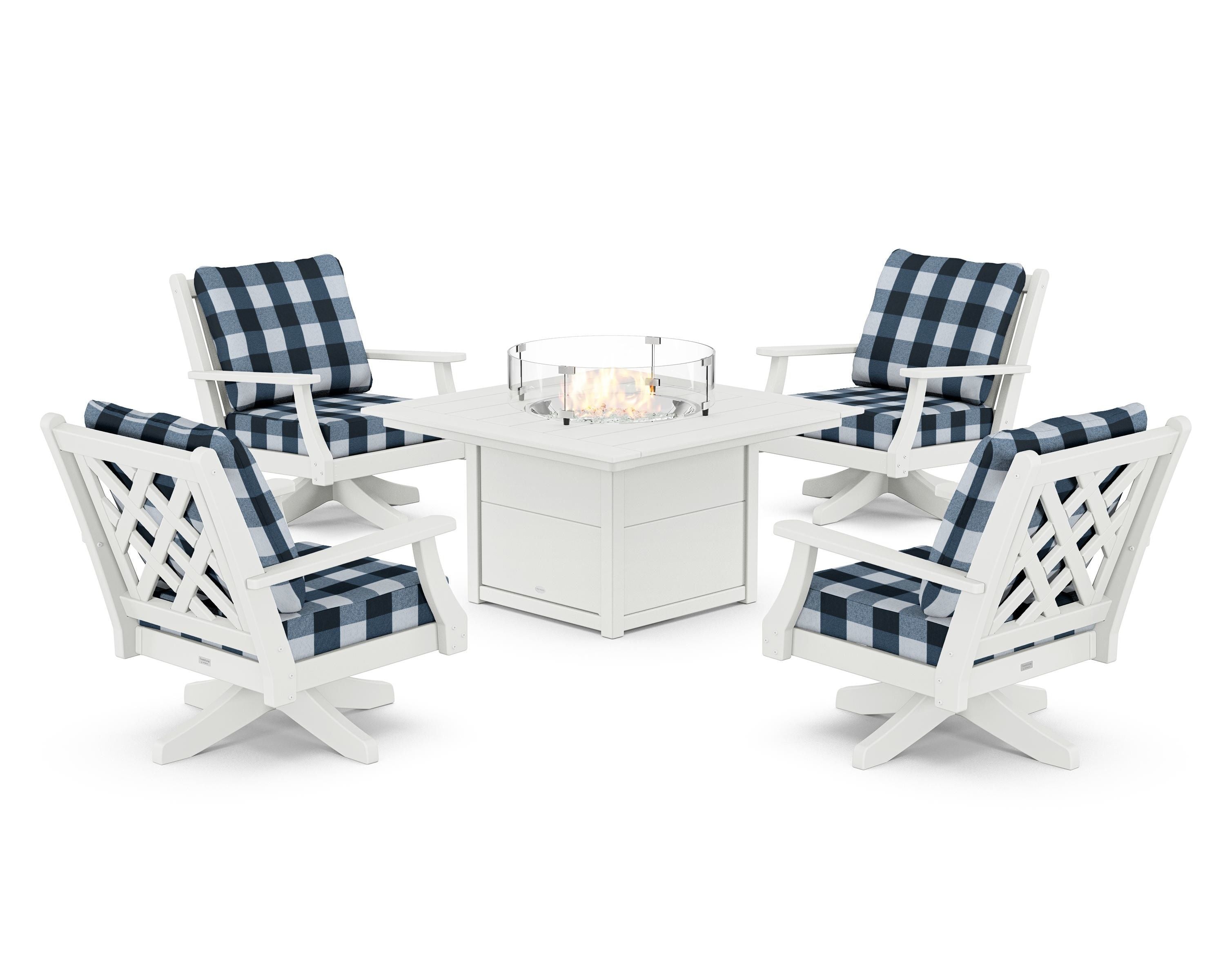 Country Living Wovendale 5-Piece Deep Seating Swivel Conversation Set with Fire Pit Table in White / Buffalo Plaid Marine Indigo