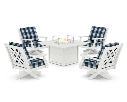 Country Living Wovendale 5-Piece Deep Seating Swivel Conversation Set with Fire Pit Table in White / Buffalo Plaid Marine Indigo