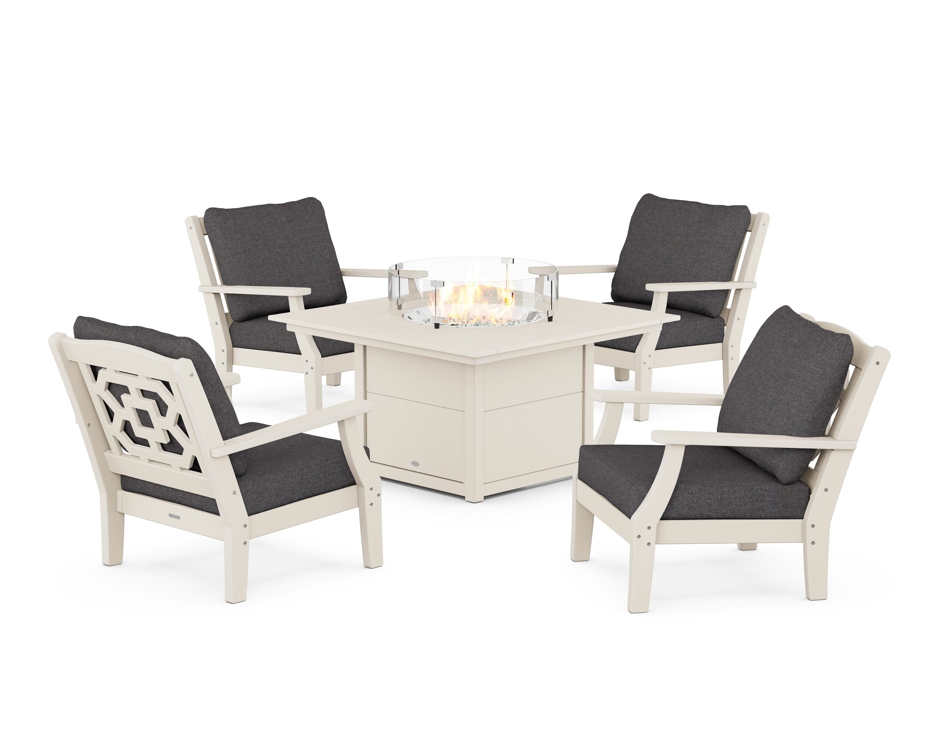 Martha Stewart by POLYWOOD® Chinoiserie 5-Piece Deep Seating Set with Fire Pit Table in Sand / Ash Charcoal