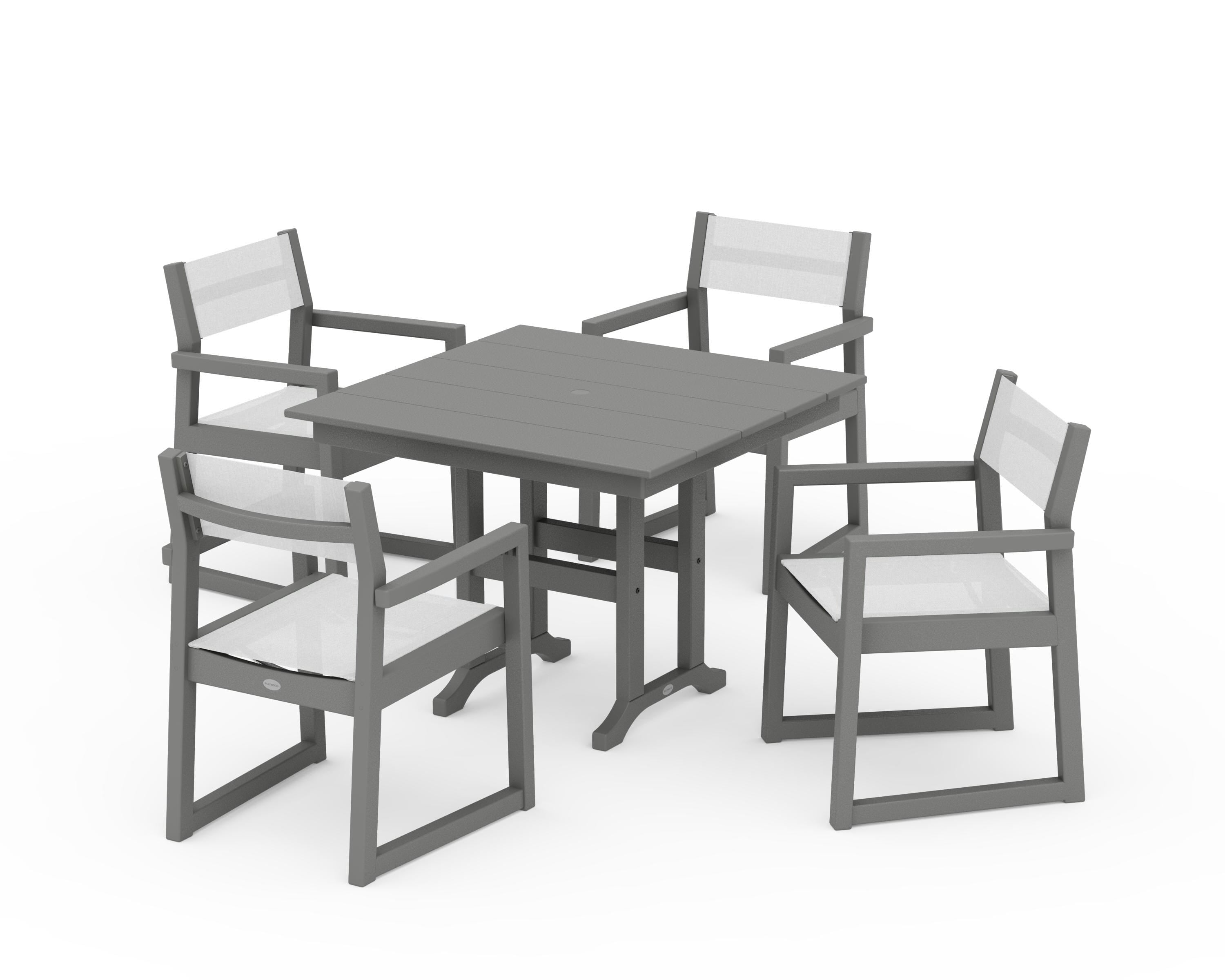 POLYWOOD® EDGE Sling Arm Chair 5-Piece Farmhouse Dining Set in Slate Grey / White Sling