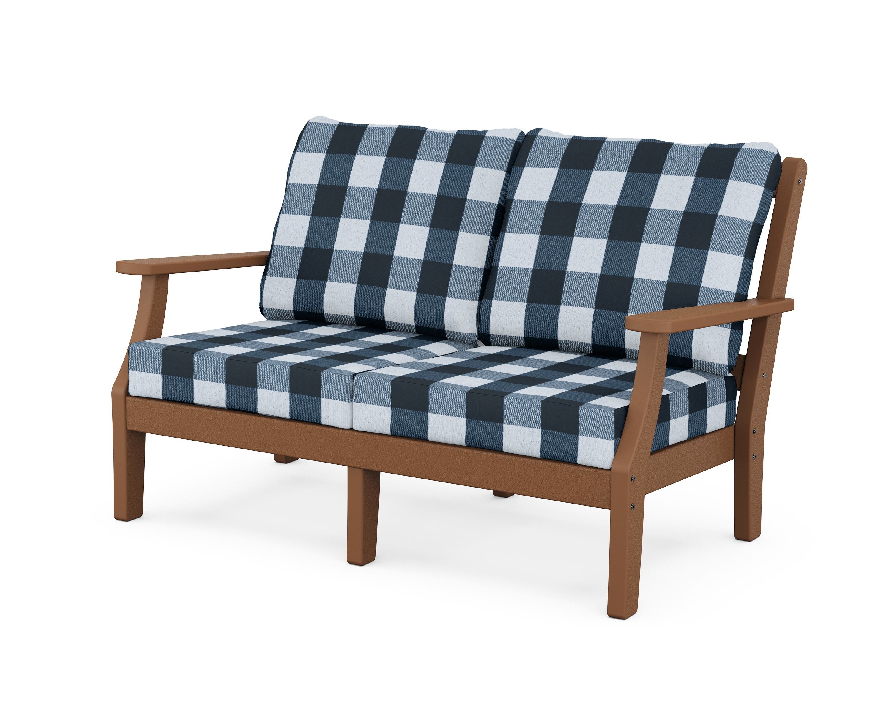 Martha Stewart by POLYWOOD® Chinoiserie Deep Seating Loveseat in Teak / Buffalo Plaid Marine Indigo