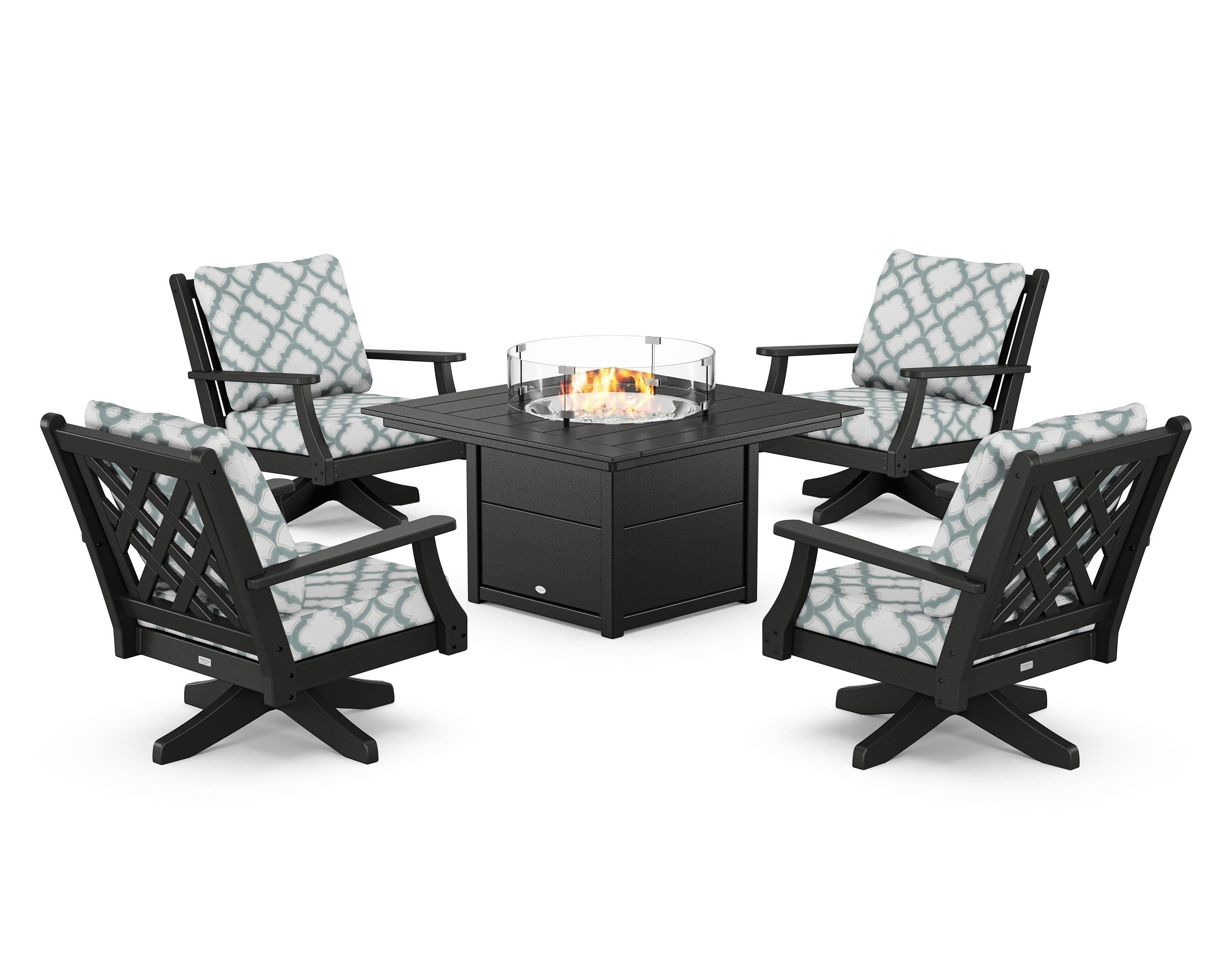 Country Living Wovendale 5-Piece Deep Seating Swivel Conversation Set with Fire Pit Table in Black / Trellis Glacier Spa