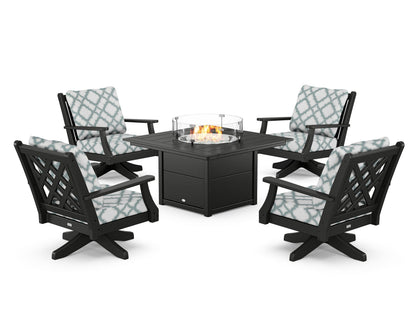 Country Living Wovendale 5-Piece Deep Seating Swivel Conversation Set with Fire Pit Table in Black / Trellis Glacier Spa