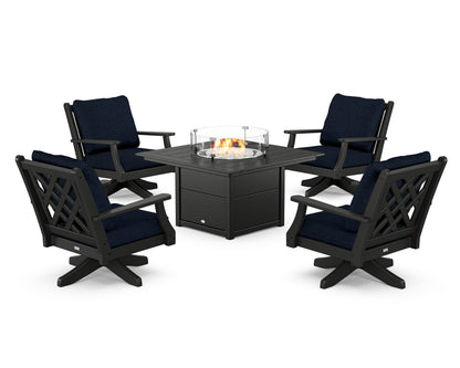Country Living Wovendale 5-Piece Deep Seating Swivel Conversation Set with Fire Pit Table in Black / Marine Indigo