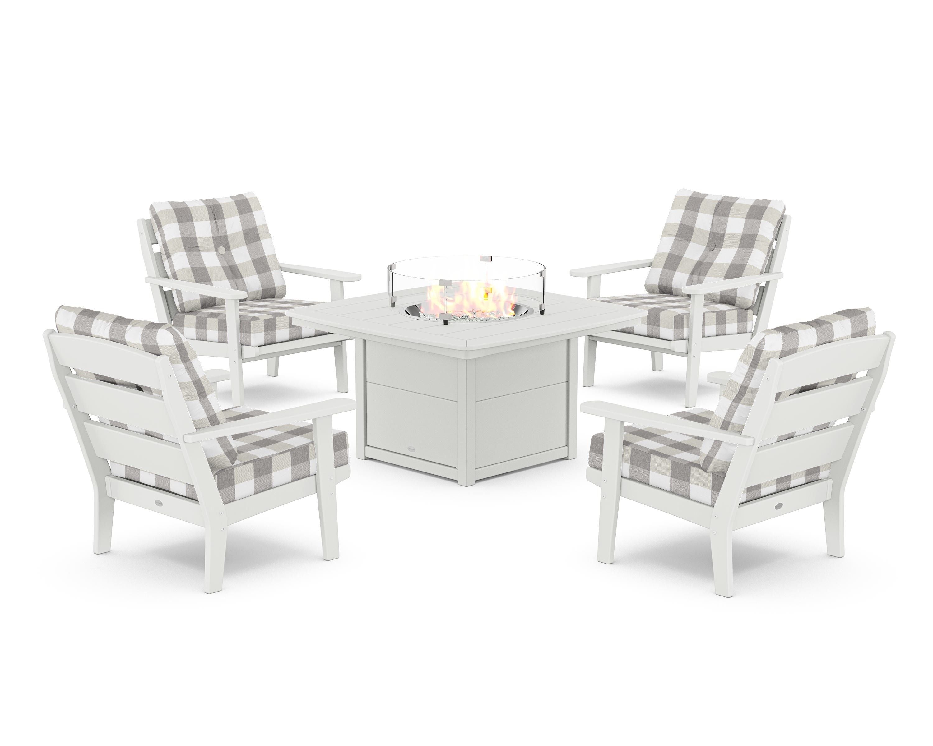 POLYWOOD® Lakeside 5-Piece Deep Seating Set with Nautical Fire Pit Table in White / Buffalo Plaid Grey Mist