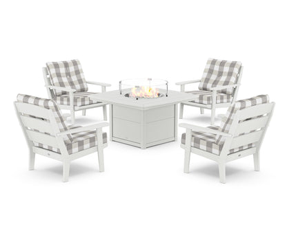 POLYWOOD® Lakeside 5-Piece Deep Seating Set with Nautical Fire Pit Table in White / Buffalo Plaid Grey Mist