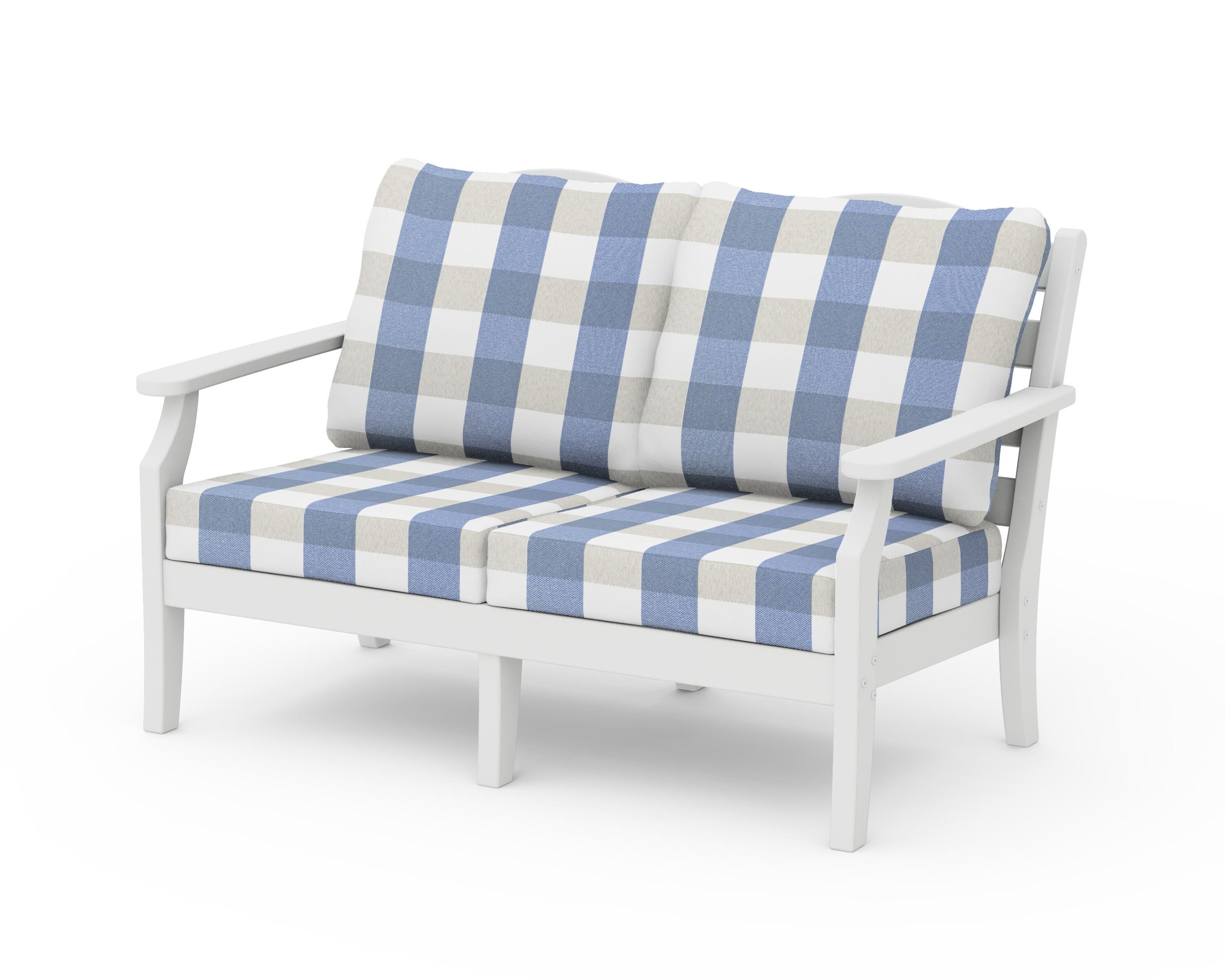 Draper James™ by  POLYWOOD® Savannah Deep Seating Loveseat in White / Buffalo Plaid Sky Blue