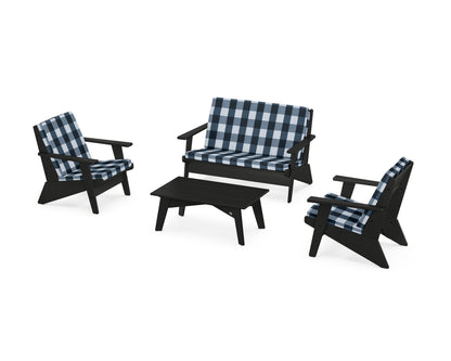 POLYWOOD® Riviera Modern Lounge 4-Piece Set in Black / Buffalo Plaid Marine Indigo