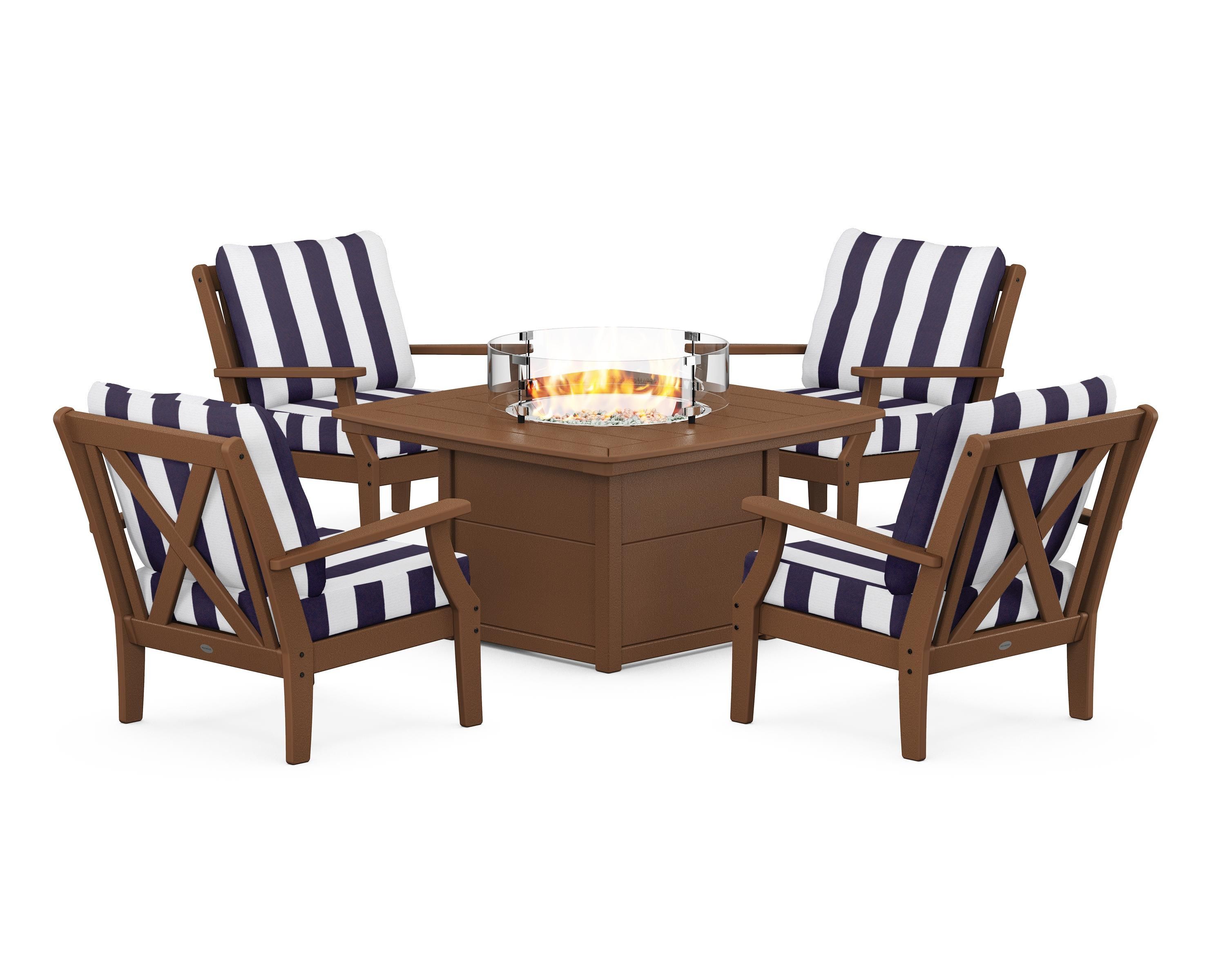 POLYWOOD® Braxton 5-Piece Deep Seating Conversation Set with Fire Pit Table in Teak / Cabana Stripe Navy