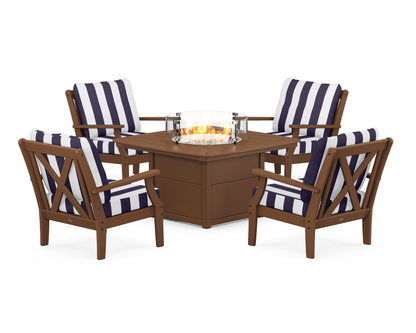 POLYWOOD® Braxton 5-Piece Deep Seating Conversation Set with Fire Pit Table in Teak / Cabana Stripe Navy