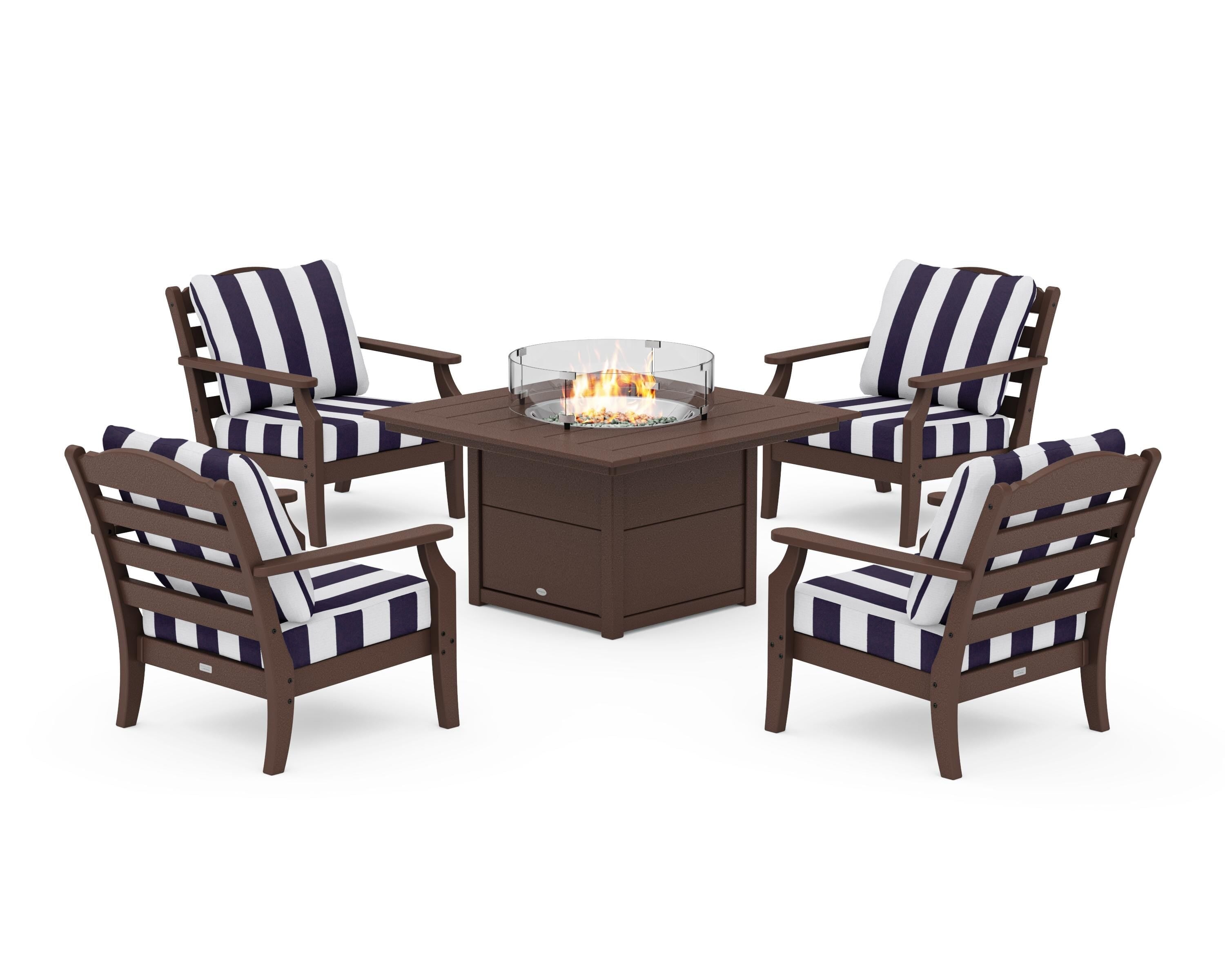Draper James™ by  POLYWOOD® Savannah 5-Piece Deep Seating Set with Fire Pit Table in Mahogany / Cabana Stripe Navy